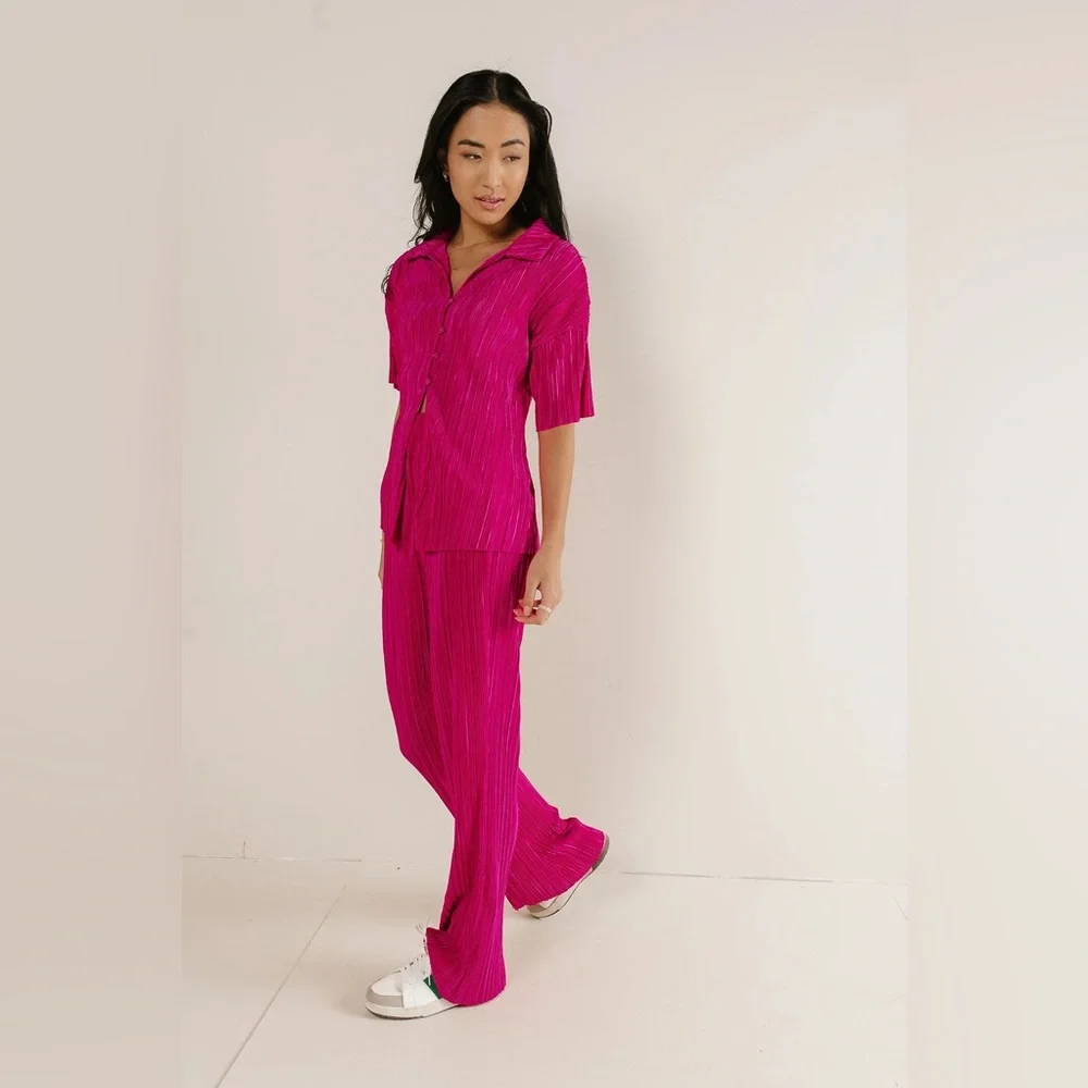 NWT Bohme New In Clara Hot Pink Satin Ribbed Pleated Wide Leg Matching Set